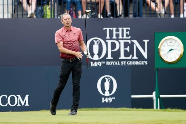 Marcel Siem of Germany plays his shot from the first tee during Day One of The 149th Open at Royal St George’s Golf Club on July 15, 2021 in...