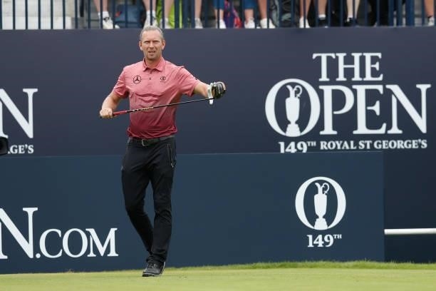 Marcel Siem of Germany prepares to play his shot from the first tee during Day One of The 149th Open at Royal St George’s Golf Club on July 15, 2021...