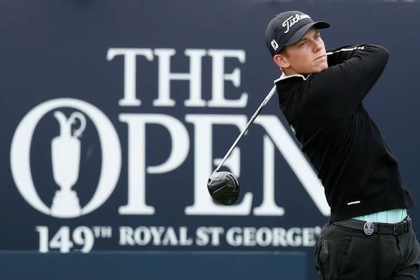 Daniel Hillier of New Zealand plays his shot from the first tee during Day One of The 149th Open at Royal St George’s Golf Club on July 15, 2021 in...