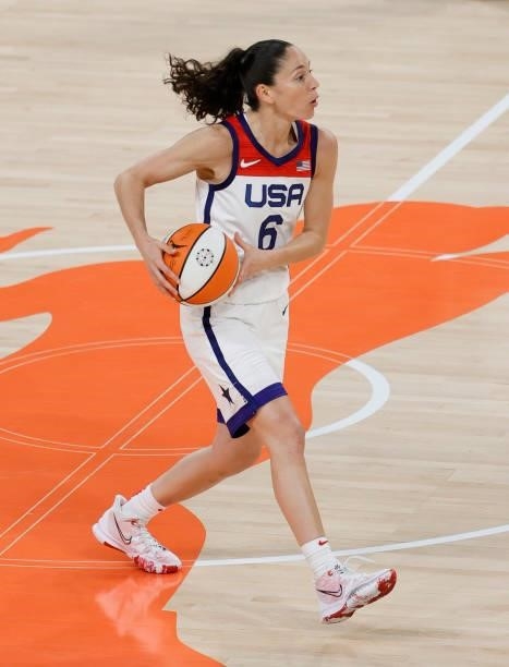 Sue Bird of the USA Women's National Team brings the ball up the court against Team WNBA during the 2021 WNBA All-Star Game at Michelob ULTRA Arena...