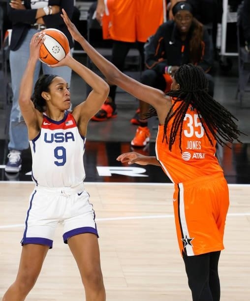 Ja Wilson of the USA Women's National Team shoots against Jonquel Jones of Team WNBA during the 2021 WNBA All-Star Game at Michelob ULTRA Arena on...