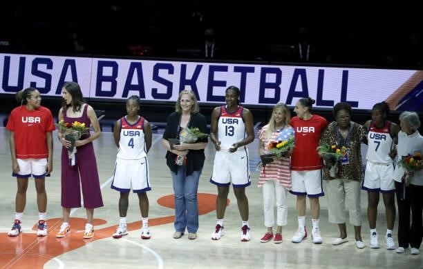 Members of the USA Women's National Team help honor the gold-medal-winning 1996 U.S. Olympic Women's Basketball Team during the 2021 WNBA All-Star...