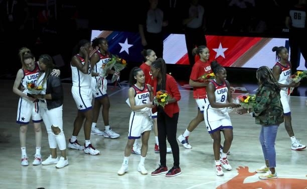 Members of the USA Women's National Team help honor the gold-medal-winning 1996 U.S. Olympic Women's Basketball Team during the 2021 WNBA All-Star...
