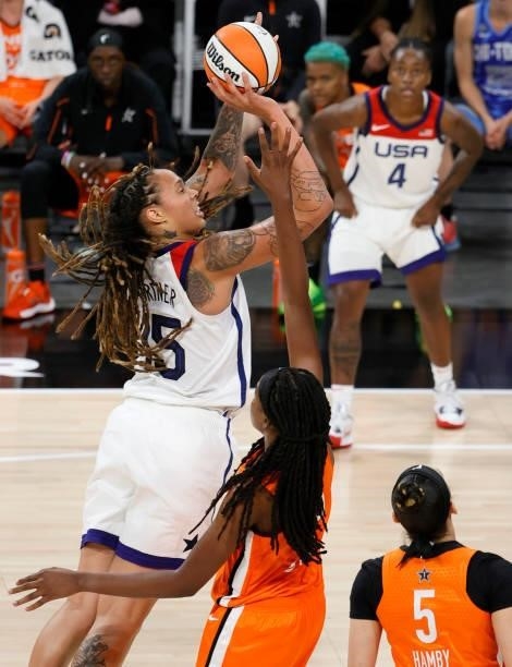 Brittney Griner of the USA Women's National Team shoots against Jonquel Jones of Team WNBA during the 2021 WNBA All-Star Game at Michelob ULTRA Arena...