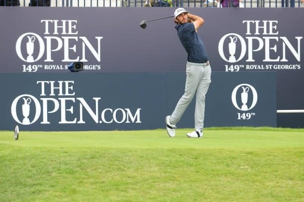 Max Homa of the United States plays his shot from the first tee during Day One of The 149th Open at Royal St George’s Golf Club on July 15, 2021 in...