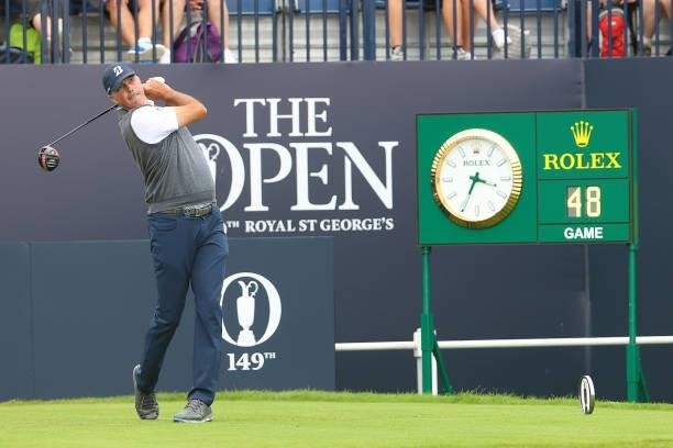 Matt Kuchar of the United States plays his shot from the first tee during Day One of The 149th Open at Royal St George’s Golf Club on July 15, 2021...