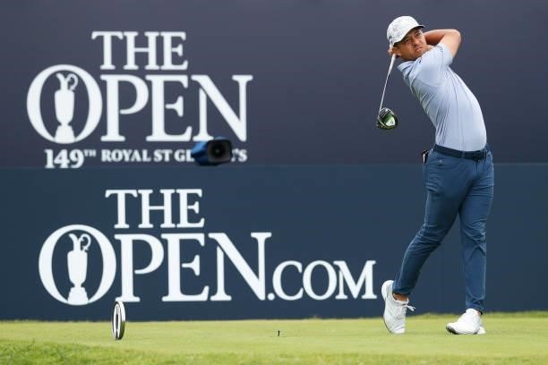 Xander Schauffele of the United States plays his shot from the first tee during Day One of The 149th Open at Royal St George’s Golf Club on July 15,...