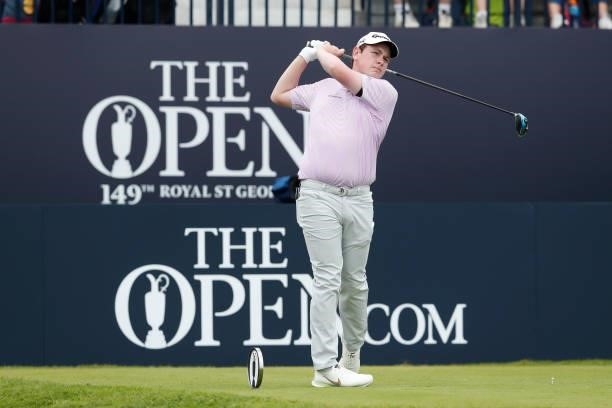 Robert MacIntyre of Scotland plays his shot from the first tee during Day One of The 149th Open at Royal St George’s Golf Club on July 15, 2021 in...