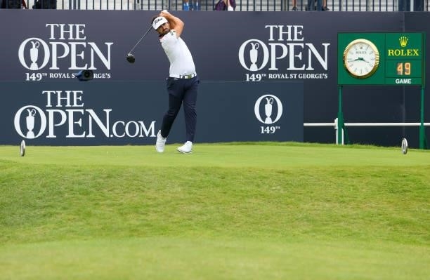 Antoine Rozner of France plays his shot from the first tee during Day One of The 149th Open at Royal St George’s Golf Club on July 15, 2021 in...