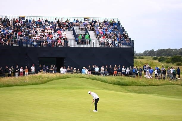 Justin Rose of England putts on the 16th green during Day One of The 149th Open at Royal St George’s Golf Club on July 15, 2021 in Sandwich, England.
