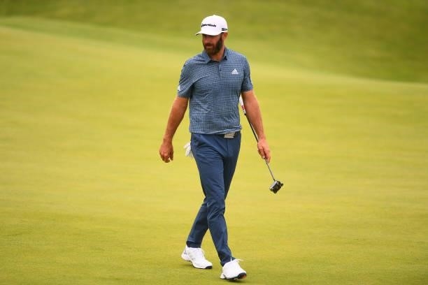 Dustin Johnson of The United States looks on on the 16th hole during Day One of The 149th Open at Royal St George’s Golf Club on July 15, 2021 in...