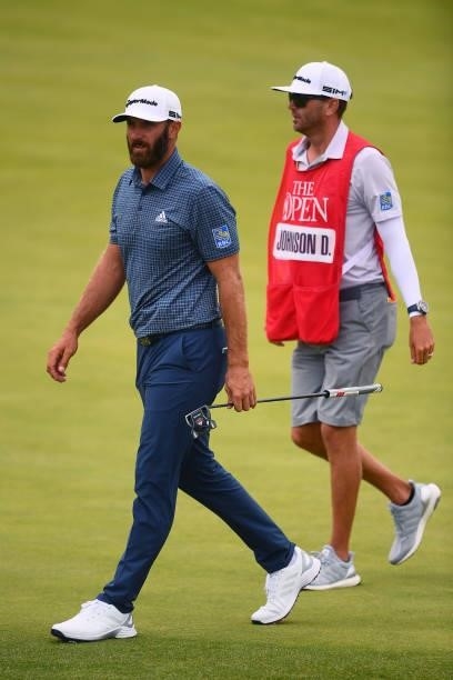 Dustin Johnson of The United States looks on on the 16th hole during Day One of The 149th Open at Royal St George’s Golf Club on July 15, 2021 in...