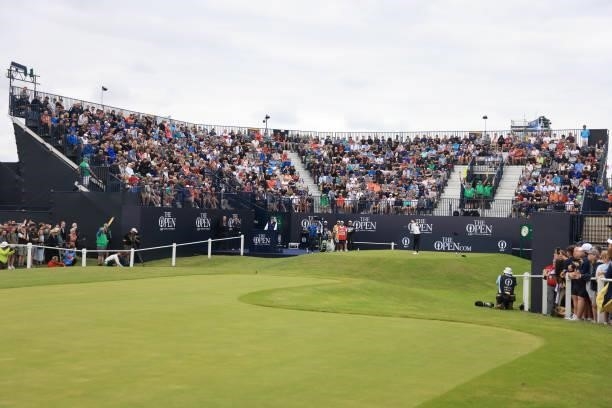 Rory McIlroy of Northern Ireland plays his shot from the first tee during Day One of The 149th Open at Royal St George’s Golf Club on July 15, 2021...