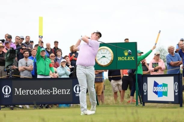 Robert MacIntyre of Scotland plays his shot from the fourth tee during Day One of The 149th Open at Royal St George’s Golf Club on July 15, 2021 in...