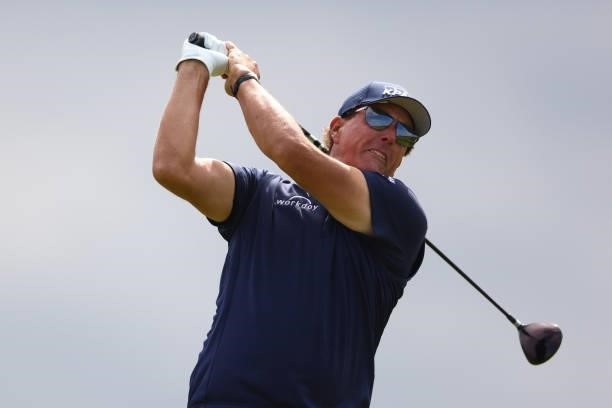 Phil Mickelson of the United States tees off on the 5th hole during Day One of The 149th Open at Royal St George’s Golf Club on July 15, 2021 in...