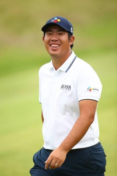 Byeong Hun An of South Korea reacts after his round during Day One of The 149th Open at Royal St George’s Golf Club on July 15, 2021 in Sandwich,...