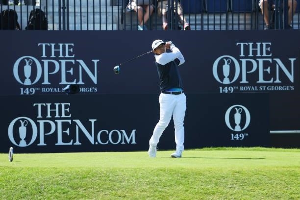 Kurt Kitayama of the United States plays his shot from the first tee during Day One of The 149th Open at Royal St George’s Golf Club on July 15, 2021...