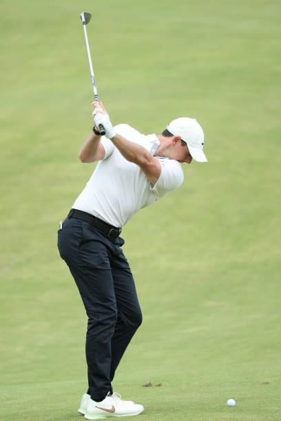 Rory McIlroy of Northern Ireland plays his second shot on the 2nd hole during Day One of The 149th Open at Royal St George’s Golf Club on July 15,...