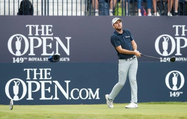 Russell Henley of the United States watches his shot on the first tee during Day One of The 149th Open at Royal St George’s Golf Club on July 15,...