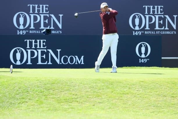 Poom Saksansin of Thailand plays his shot from the first tee during Day One of The 149th Open at Royal St George’s Golf Club on July 15, 2021 in...