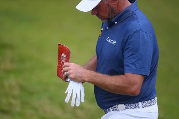 Detailed view of a Nottingham Forest Football Club yardage book during Day One of The 149th Open at Royal St George’s Golf Club on July 15, 2021 in...
