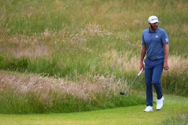 Dustin Johnson of The United States looks on during Day One of The 149th Open at Royal St George’s Golf Club on July 15, 2021 in Sandwich, England.