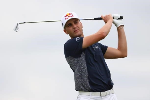 Matthias Schwab of Austria tees off on the 5th hole during Day One of The 149th Open at Royal St George’s Golf Club on July 15, 2021 in Sandwich,...