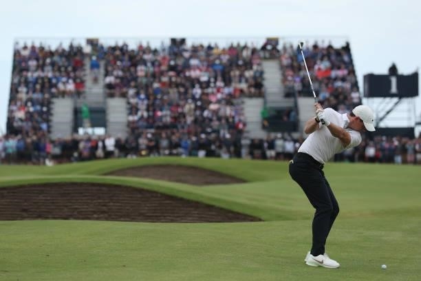 Rory McIlroy of Northern Ireland plays his second shot on the 1st hole during Day One of The 149th Open at Royal St George’s Golf Club on July 15,...