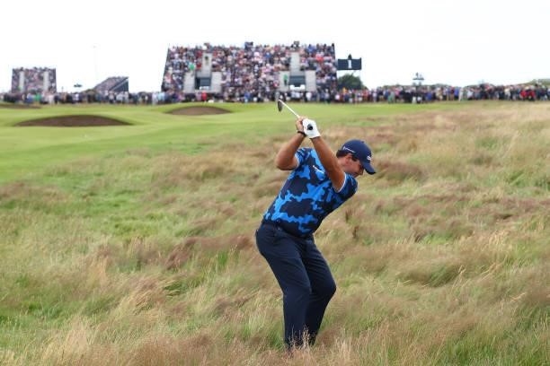 Patrick Reed of The United States plays his second shot on the 1st hole during Day One of The 149th Open at Royal St George’s Golf Club on July 15,...