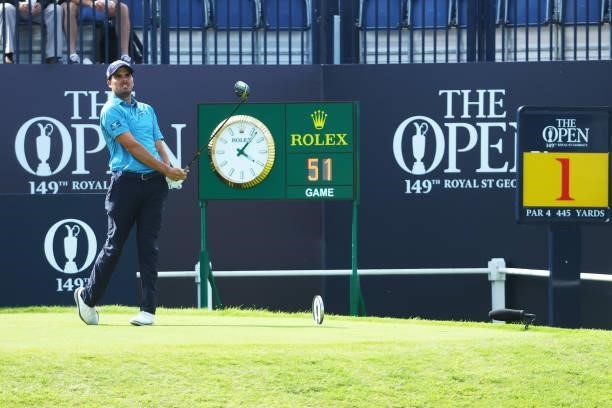 Ricardo Celia of Colombia plays his shot from the first tee during Day One of The 149th Open at Royal St George’s Golf Club on July 15, 2021 in...