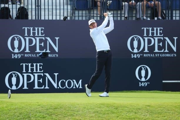 Jimmy Walker of the United States plays his shot from the first tee during Day One of The 149th Open at Royal St George’s Golf Club on July 15, 2021...