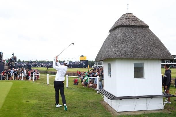Justin Rose of England plays his second shot on the 18th hole during Day One of The 149th Open at Royal St George’s Golf Club on July 15, 2021 in...