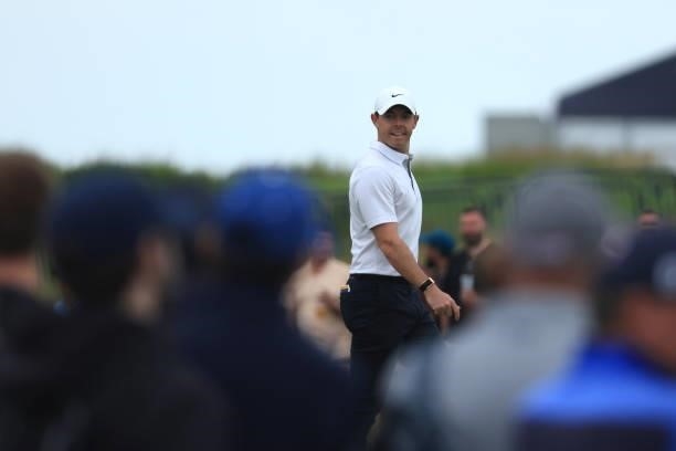 Rory McIlroy of Northern Ireland looks on during Day One of The 149th Open at Royal St George’s Golf Club on July 15, 2021 in Sandwich, England.