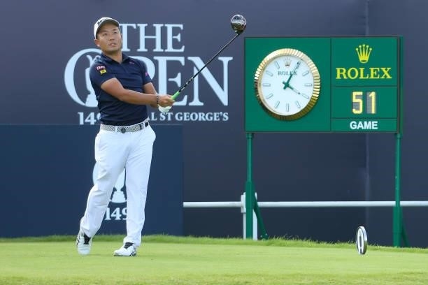 Yuki Inamori of Japan plays his shot from the first tee during Day One of The 149th Open at Royal St George’s Golf Club on July 15, 2021 in Sandwich,...