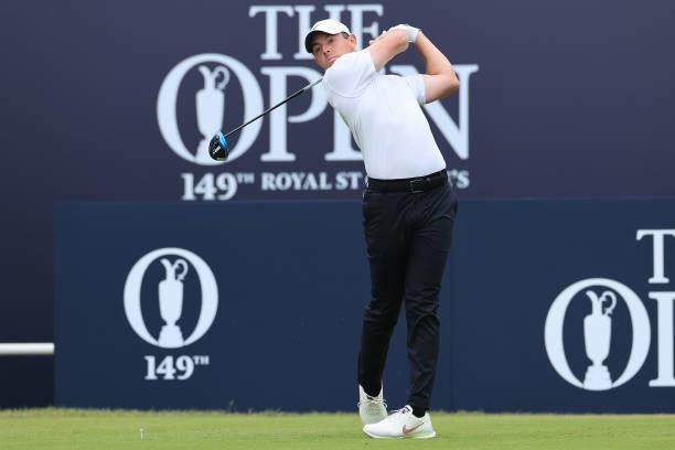 Rory McIlroy of Northern Ireland tees off on the 1st hole during Day One of The 149th Open at Royal St George’s Golf Club on July 15, 2021 in...