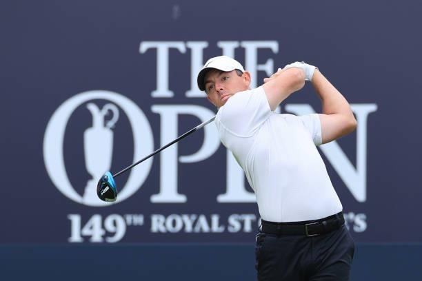 Rory McIlroy of Northern Ireland tees off on the 1st hole during Day One of The 149th Open at Royal St George’s Golf Club on July 15, 2021 in...
