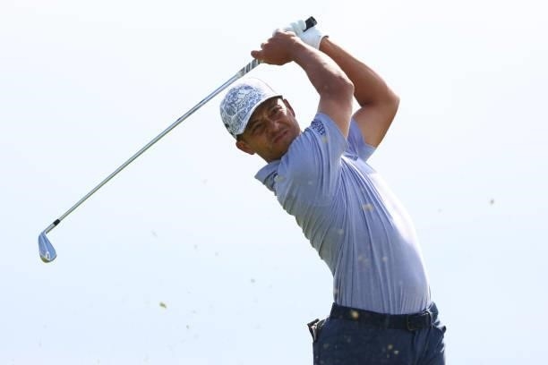 Xander Schauffele of The United States tees off on the 5th hole during Day One of The 149th Open at Royal St George’s Golf Club on July 15, 2021 in...