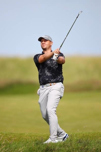 Daniel van Tonder of South Africa plays his third shot on the 18th hole during Day One of The 149th Open at Royal St George’s Golf Club on July 15,...