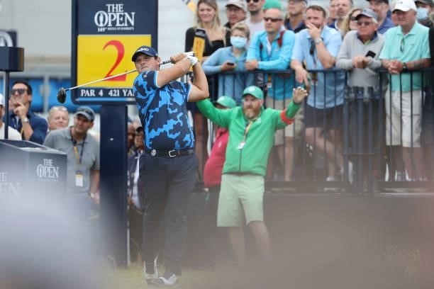 Patrick Reed of The United States tees off on the 2nd hole during Day One of The 149th Open at Royal St George’s Golf Club on July 15, 2021 in...