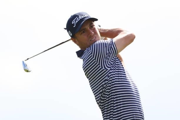 Justin Thomas of United States tees off on the 5th hole during Day One of The 149th Open at Royal St George’s Golf Club on July 15, 2021 in Sandwich,...