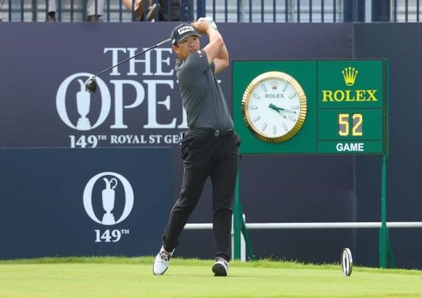 Ryutaro Nagano of Japan plays his shot from the first tee during Day One of The 149th Open at Royal St George’s Golf Club on July 15, 2021 in...