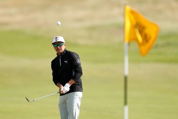 Rickie Fowler of the United States plays a shot on the seventh hole during Day One of The 149th Open at Royal St George’s Golf Club on July 15, 2021...