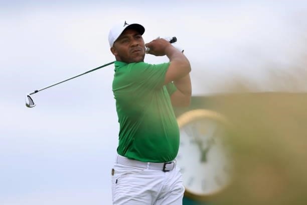 Harold Varner III of The United States tees off on the 5th hole during Day One of The 149th Open at Royal St George’s Golf Club on July 15, 2021 in...