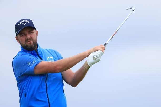 Marc Leishman of Australia tees off on the 5th hole during Day One of The 149th Open at Royal St George’s Golf Club on July 15, 2021 in Sandwich,...