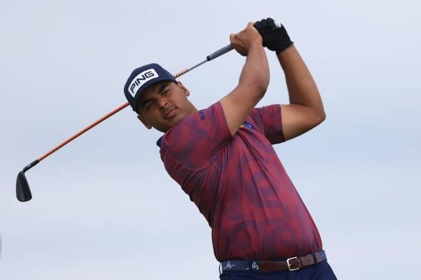 Sebastian Munoz of Colombia tees off on the 5th hole during Day One of The 149th Open at Royal St George’s Golf Club on July 15, 2021 in Sandwich,...