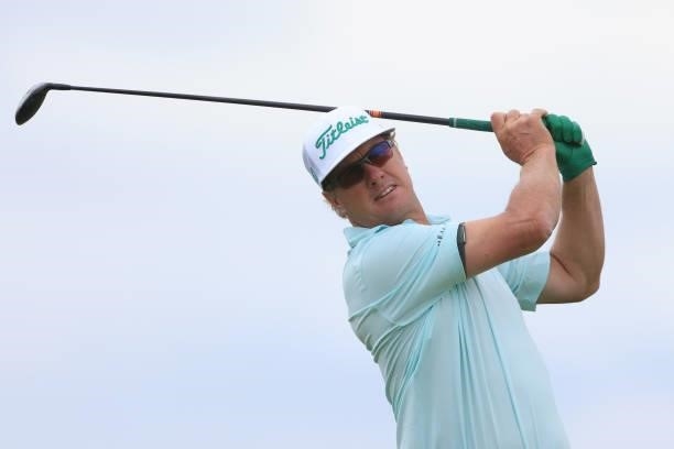 Charley Hoffman of The United States tees off on the 5th hole during Day One of The 149th Open at Royal St George’s Golf Club on July 15, 2021 in...