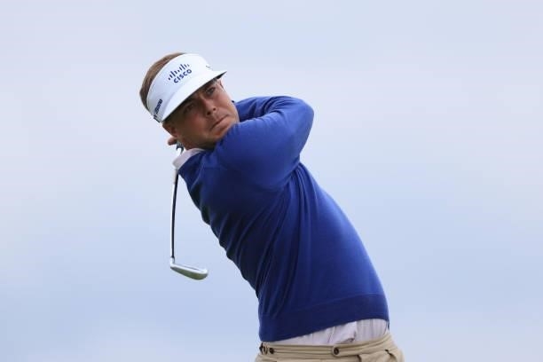 Keith Mitchell of The United States tees off on the 5th hole during Day One of The 149th Open at Royal St George’s Golf Club on July 15, 2021 in...