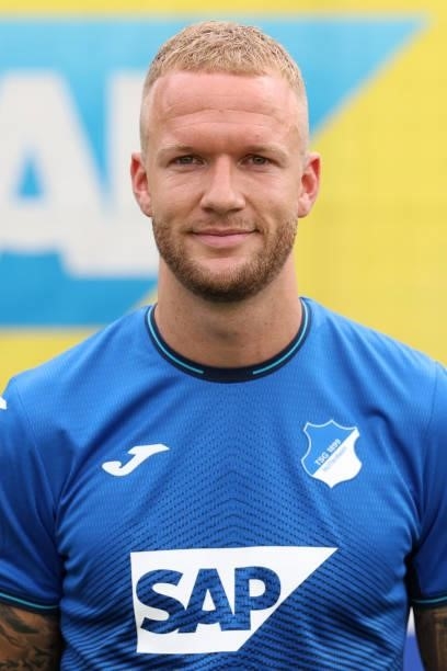 Kevin Vogt of TSG Hoffenheim poses during the team presentation at on July 15, 2021 in Sinsheim, Germany.