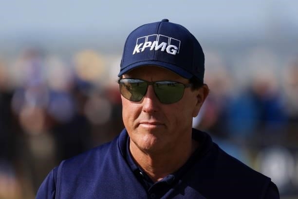 Phil Mickelson of the United States looks on from the eighth hole during Day One of The 149th Open at Royal St George’s Golf Club on July 15, 2021 in...