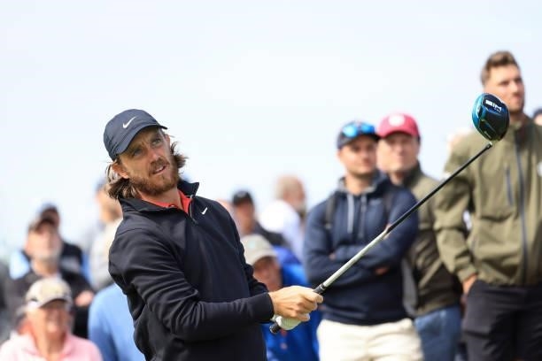 Tommy Fleetwood of England plays his shot from the fourth tee during Day One of The 149th Open at Royal St George’s Golf Club on July 15, 2021 in...